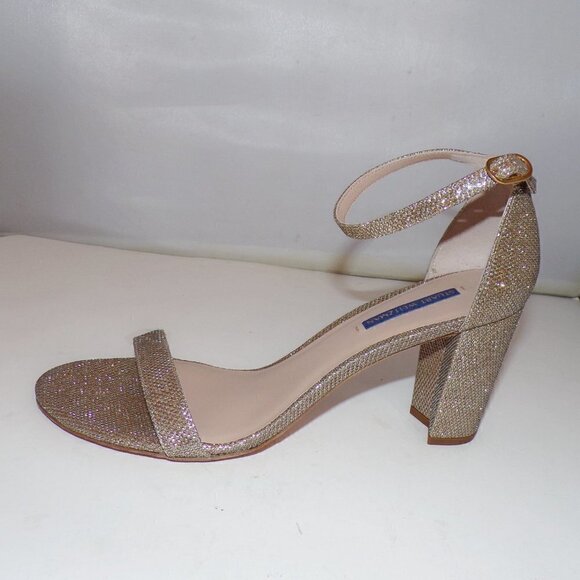 Stuart Weitzman Nearlynude Block-Heel Glitter Sandals Gold Shoes US 10.5… - Picture 2 of 6